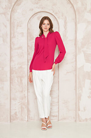Büzgü Kol Fularlı Gömlek Fuşya