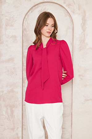 Büzgü Kol Fularlı Gömlek Fuşya
