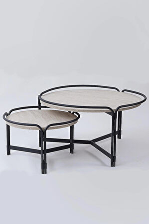  2'li Yuvarlak Orta Sehpa Seti – Modern Metal Ayaklı, Doğal Mermer Görünümlü Sehpa Takımı (80x45 cm + 60x35 cm)