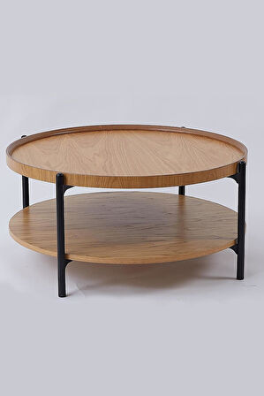İkili Sehpa Seti – Orta Sehpa 80x42 cm & Yan Sehpa 48x59 cm, MDF Tabla, Siyah Metal Gövde