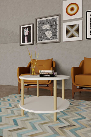 Çift Katlı Yuvarlak Orta Sehpa 60x60 | Modern Ahşap & Beyaz Seçenek
