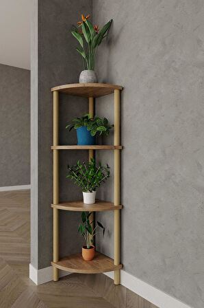 4 Katlı Köşe Raf – 29x29x105 cm – Ahşap Görünümlü Dekoratif Açık Kitaplık