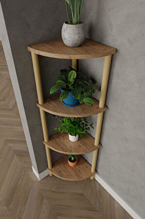 4 Katlı Köşe Raf – 29x29x105 cm – Ahşap Görünümlü Dekoratif Açık Kitaplık