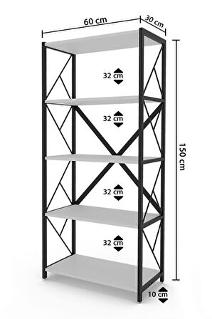Kitaplık | Çok Amaçlı Dolap  |  5 Katlı Metal Gövdeli Raflı Düzenleyici (60x30x150 cm)