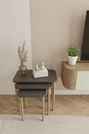 Dikdörtgen Zigon Sehpa 3'lü Set – Ahşap Ayaklı Modern Tasarım