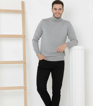 Erkek Yarım Boğaz Triko Kazak yumuşak dokulu Pamuklu ince Dokuma uzun kollu Regular - Gri