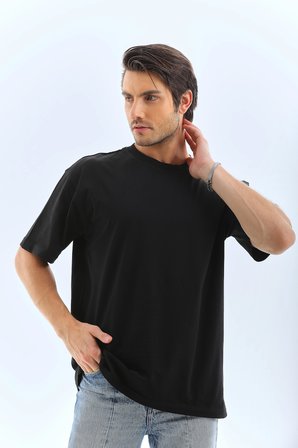 Erkek Düz Yazlık Kısa Kol Tişört Bisiklet Yaka Oversize T-Shirt - Siyah