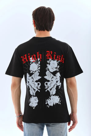 Erkek Baskılı T-Shirt Kısa Kol Bisiklet Yaka Rahat Kalıp Tişört  - Siyah