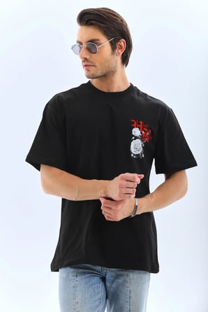 Erkek Baskılı T-Shirt Kısa Kol Bisiklet Yaka Rahat Kalıp Tişört  - Siyah