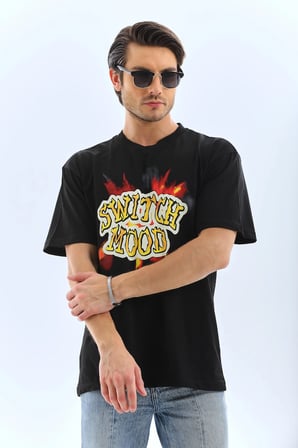 Erkek Kısa Kol Yazlık Tişört Bisiklet Yaka Baskılı Oversize T-Shirt - Siyah