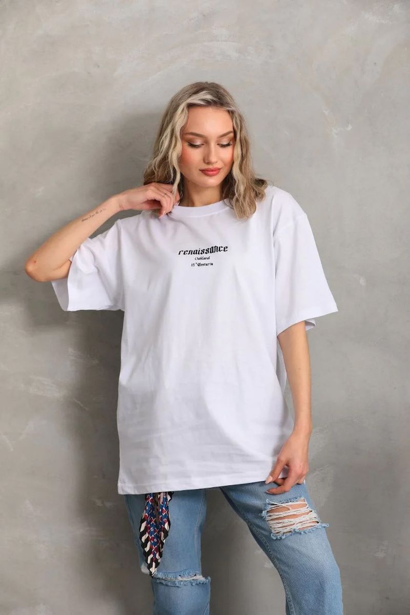 Kadın Kısa Kol Yazlık Tişört Bisiklet Yaka Baskılı Oversize T-Shirt - Beyaz