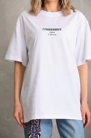 Kadın Kısa Kol Yazlık Tişört Bisiklet Yaka Baskılı Oversize T-Shirt - Beyaz