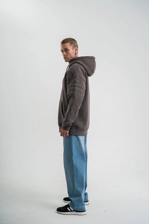 Erkek Nakışlı Kapüşonlu Oversize 3 İplik Pamuklu SweatShirt Hoodie - Füme