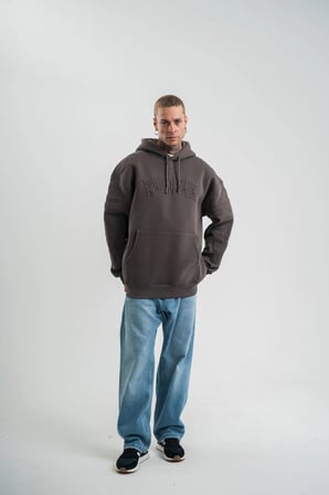 Erkek Nakışlı Kapüşonlu Oversize 3 İplik Pamuklu SweatShirt Hoodie - Füme