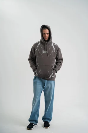 Erkek Baskılı Kapüşonlu Oversize 3 İplik Pamuklu SweatShirt Hoodie - Füme