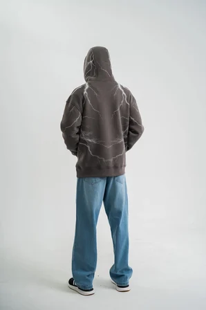 Erkek Baskılı Kapüşonlu Oversize 3 İplik Pamuklu SweatShirt Hoodie - Füme
