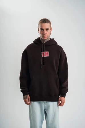 Erkek Nakışlı Kapüşonlu Oversize 3 İplik Pamuklu SweatShirt Hoodie - Siyah