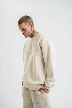 Erkek 3 İplik Pamuklu Yağ Yıkamalı Bisiklet Yaka Sweatshirt Oversize Hoodie - Krem