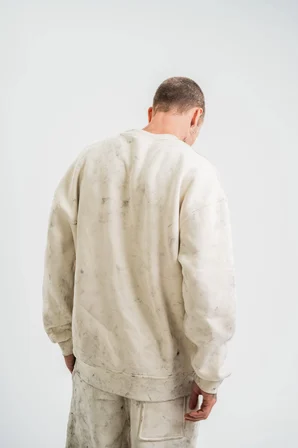 Erkek 3 İplik Pamuklu Yağ Yıkamalı Bisiklet Yaka Sweatshirt Oversize Hoodie - Krem