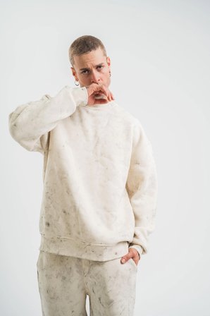Erkek 3 İplik Pamuklu Yağ Yıkamalı Bisiklet Yaka Sweatshirt Oversize Hoodie - Krem