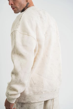 Erkek 3 İplik Pamuklu Yağ Yıkamalı Bisiklet Yaka Sweatshirt Oversize Hoodie - Krem