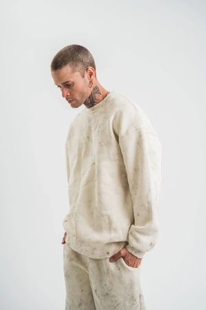 Erkek 3 İplik Pamuklu Yağ Yıkamalı Bisiklet Yaka Sweatshirt Oversize Hoodie - Krem