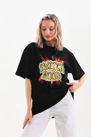 Kadın Kısa Kol Yazlık Tişört Bisiklet Yaka Ejderha Baskılı T-Shirt - Siyah