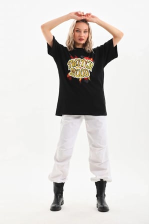 Kadın Kısa Kol Yazlık Tişört Bisiklet Yaka Ejderha Baskılı T-Shirt - Siyah