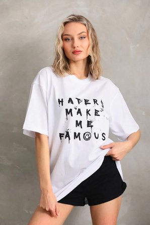 Kadın ön ve arka Baskılı Oversize Kısa kol  T-Shirt - Beyaz