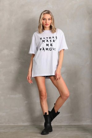 Kadın ön ve arka Baskılı Oversize Kısa kol  T-Shirt - Beyaz