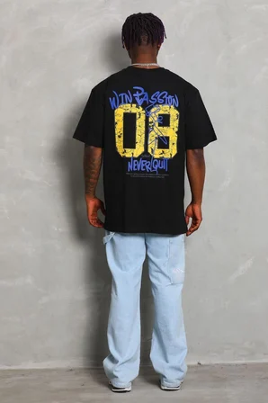 Erkek Baskılı Tişört Kısa Kol Bisiklet Yaka Oversize T-Shirt - Siyah