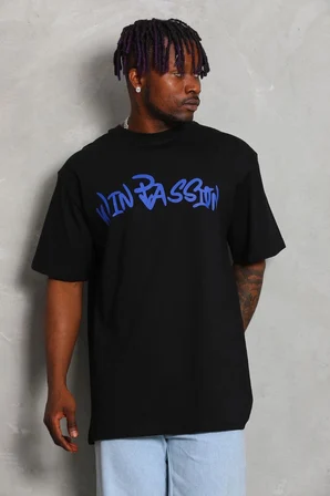 Erkek Baskılı Tişört Kısa Kol Bisiklet Yaka Oversize T-Shirt - Siyah