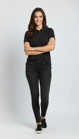 Kadın Polo Yaka Tişört Pike Kumaş Kısa Kol Regular Fit Yazlık T-Shirt - Siyah