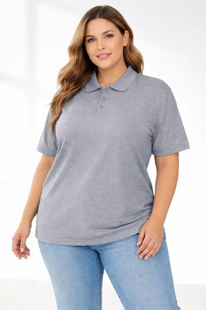 Kadın Battal Beden Tişört Polo Yaka Pike Kumaş Kısa Kol T-Shirt - Gri