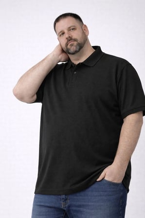 Erkek Polo Yaka Düğmeli Tişört Pike Kumaş Battal Beden Kısa Kol T-Shirt - Siyah