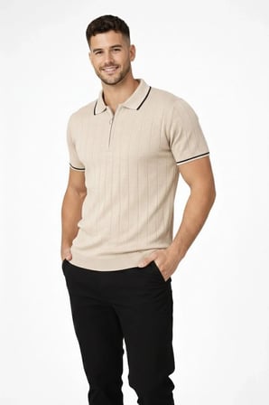 Erkek Yazlık Dokuma Triko Tişört Fermuarlı Polo Yaka Kısa Kol T-Shirt - Bej