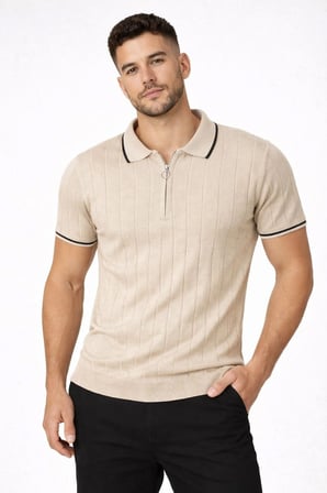 Erkek Yazlık Dokuma Triko Tişört Fermuarlı Polo Yaka Kısa Kol T-Shirt - Bej