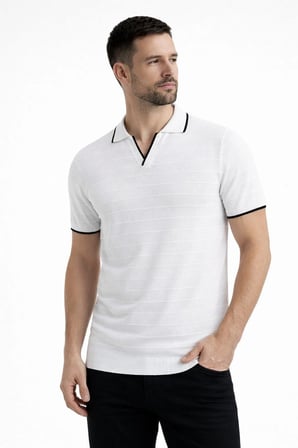 Erkek Yazlık Dokuma Triko Tişört Düğmesiz  Polo Yaka Kısa Kol T-Shirt - Beyaz