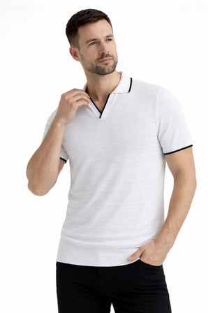 Erkek Yazlık Dokuma Triko Tişört Düğmesiz  Polo Yaka Kısa Kol T-Shirt - Beyaz
