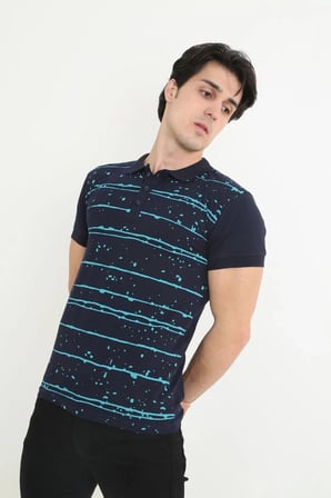 Erkek polo Yaka tişört Slim Fit Pike Çizgili  Kısa kol T-Shirt - Lacivert