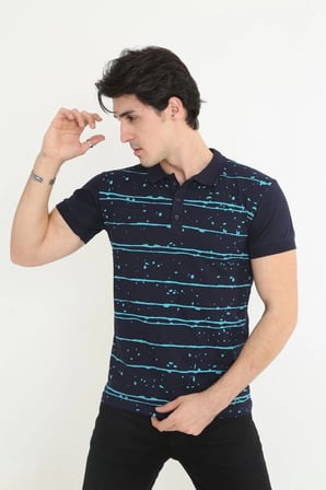 Erkek polo Yaka tişört Slim Fit Pike Çizgili  Kısa kol T-Shirt - Lacivert