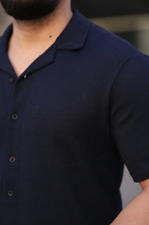 Erkek Waffle Kumaş Kısa Kollu Düğmeli Açık Yaka Regular Fit Gömlek - Lacivert