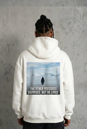 Erkek Survivor Penguin Baskılı 3 İplik Pamuklu Kapüşonlu Sweatshirt Hoodie Beyaz