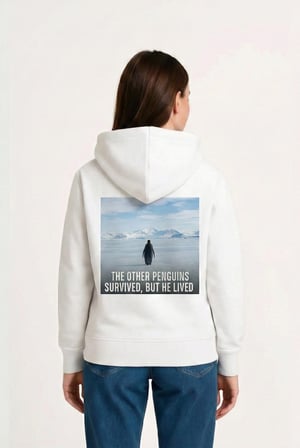 Kadın 3 İplik Pamuklu Kapüşonlu Hoodie Sweatshirt Survivor Penguen Baskılı - Beyaz