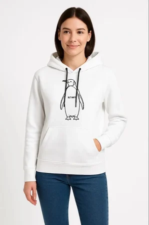 Kadın 3 İplik Pamuklu Kapüşonlu Hoodie Sweatshirt Nihilist Penguen Baskılı - Beyaz