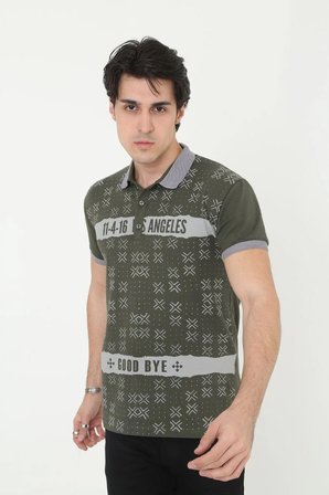 Erkek Polo Yaka tişört Slim Fit Baskılı Kısa kol T-Shirt - Haki