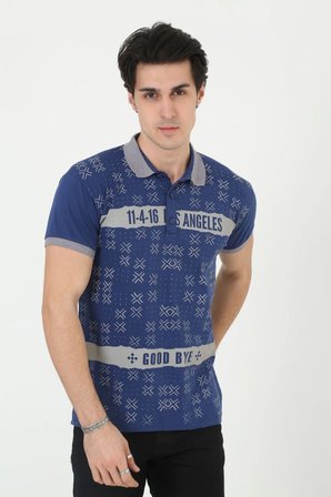 Erkek Polo Yaka tişört Slim Fit Baskılı Kısa kol T-Shirt - Mavi