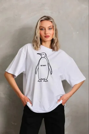 Kadın T-Shirt Nihilist Penguen Baskılı Bisiklet Yaka Kısa kol yazlık Tişört - Beyaz