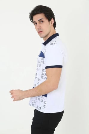 Erkek Polo Yaka Tişört Slim Fit Baskılı Kısa Kol T-Shirt - Beyaz