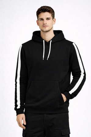 Erkek Şeritli Kapüşonlu Sweatshirt Oversize 3 iplik Pamuklu Hoodie - Siyah